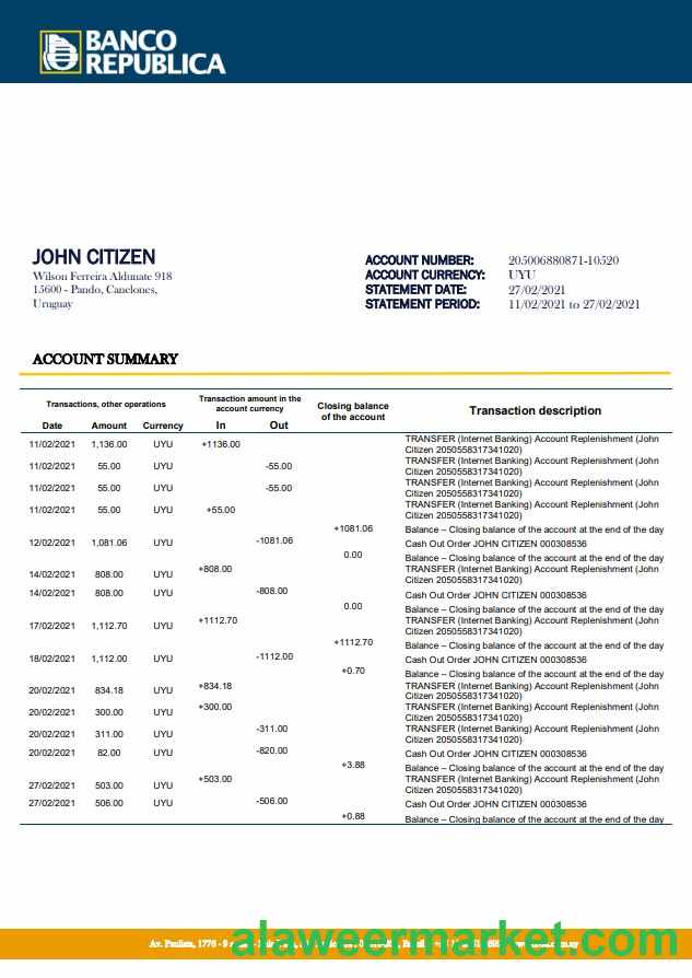 Uruguay Banco De La Republica Oriental Del Uruguay bank statement template in .doc and .pdf format